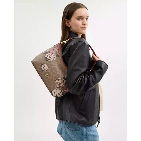 NWT Coach Laurel Shoulder Bag Signature Canvas Rose Print Brown Handbag Medium - Picture 4 of 4